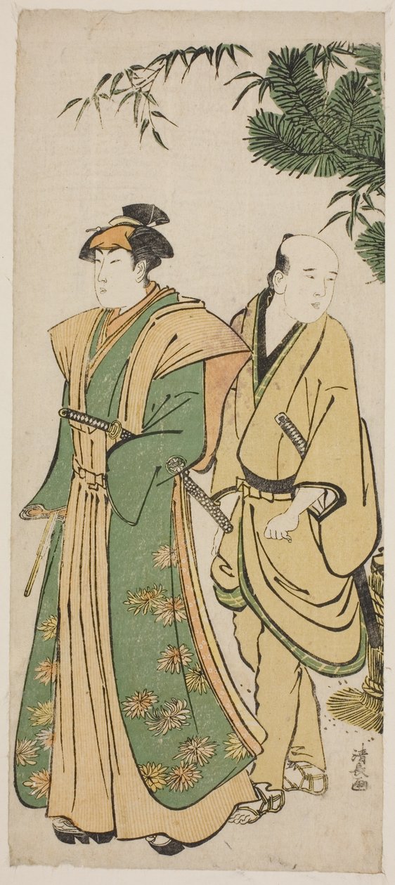 Der Schauspieler Segawa Kikunojo III und sein Begleiter bei Neujahrszeremonien von Torii Kiyonaga