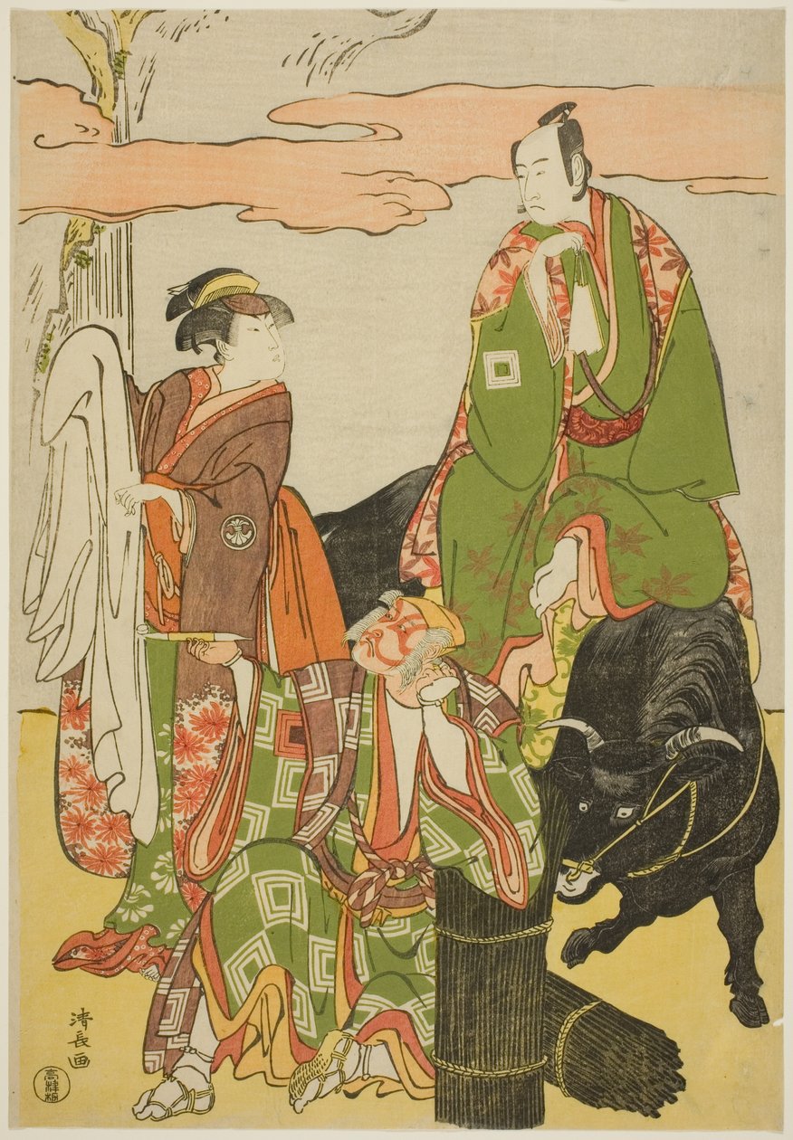 Die Schauspieler Ichikawa Monnosuke II als Miyukinosuke, Segawa Kikunojo III als Hatsune-hime und Ichikawa Danjuro V als Ninnaji no Saibei, im Joruri "Shitenno Oe no Yamairi", aufgeführt im Kiri-Theater im elften Monat, 1785 von Torii Kiyonaga