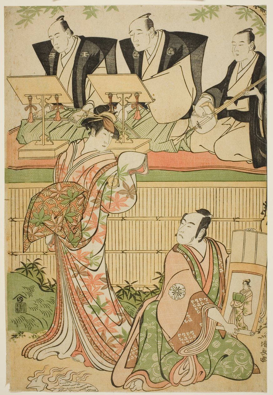 Die Schauspieler Matsumoto Koshiro IV als Ukita Sakingo und Sawamura Sojuro III als Geist der Kurtisane Takao, im Stück "Ominaeshi Sugata no Hatsuaki," aufgeführt im Nakamura Theater, 1788 von Torii Kiyonaga