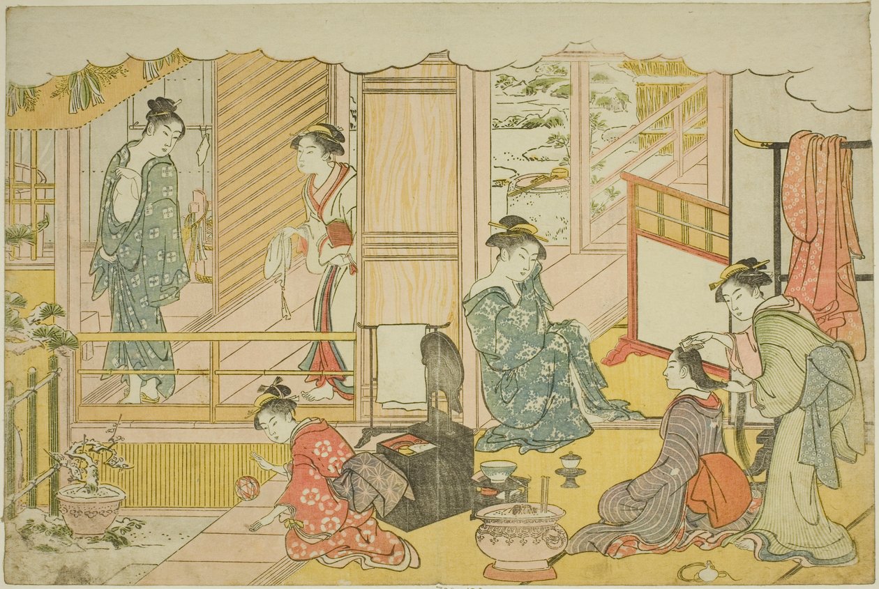 Das erste Bad des neuen Jahres (Yudono hajime), aus dem illustrierten Buch "Farben der dreifachen Morgendämmerung (Saishiki mitsu no asa)" von Torii Kiyonaga