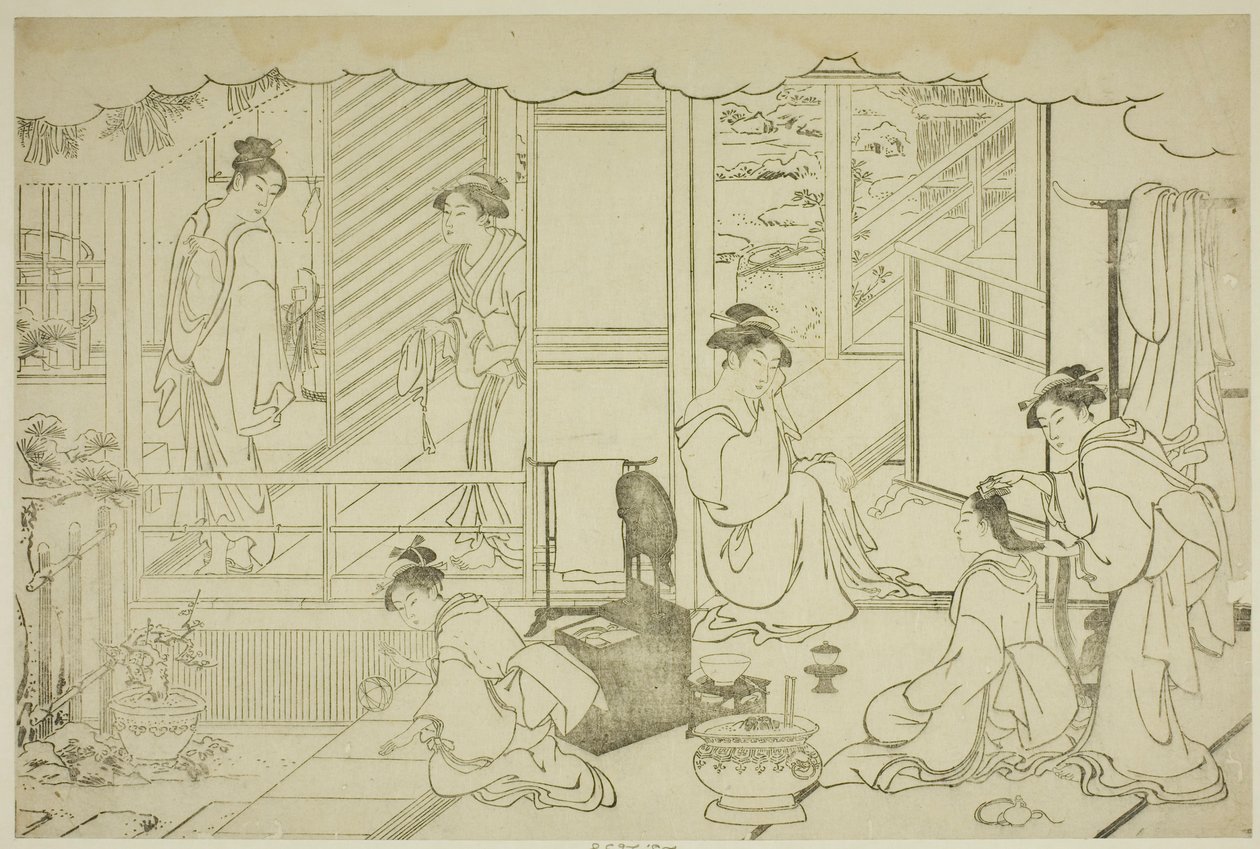 Das erste Bad des neuen Jahres (Yudono hajime), aus dem illustrierten Buch "Farben der dreifachen Morgendämmerung (Saishiki mitsu no asa)" von Torii Kiyonaga