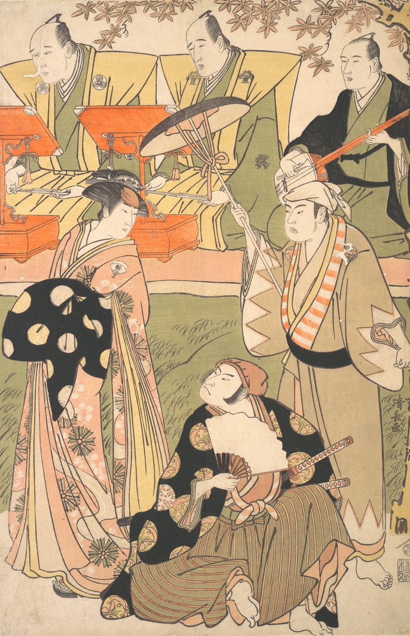 Theaterszene mit Musikern von Torii Kiyonaga