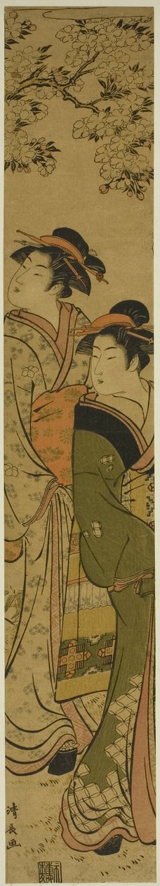Zwei Geishas unter einem Kirschbaum spazierend von Torii Kiyonaga