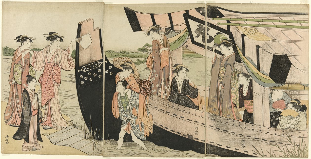 Frauen kommen von einem Vergnügungsboot am Sumida-Fluss an Land von Torii Kiyonaga