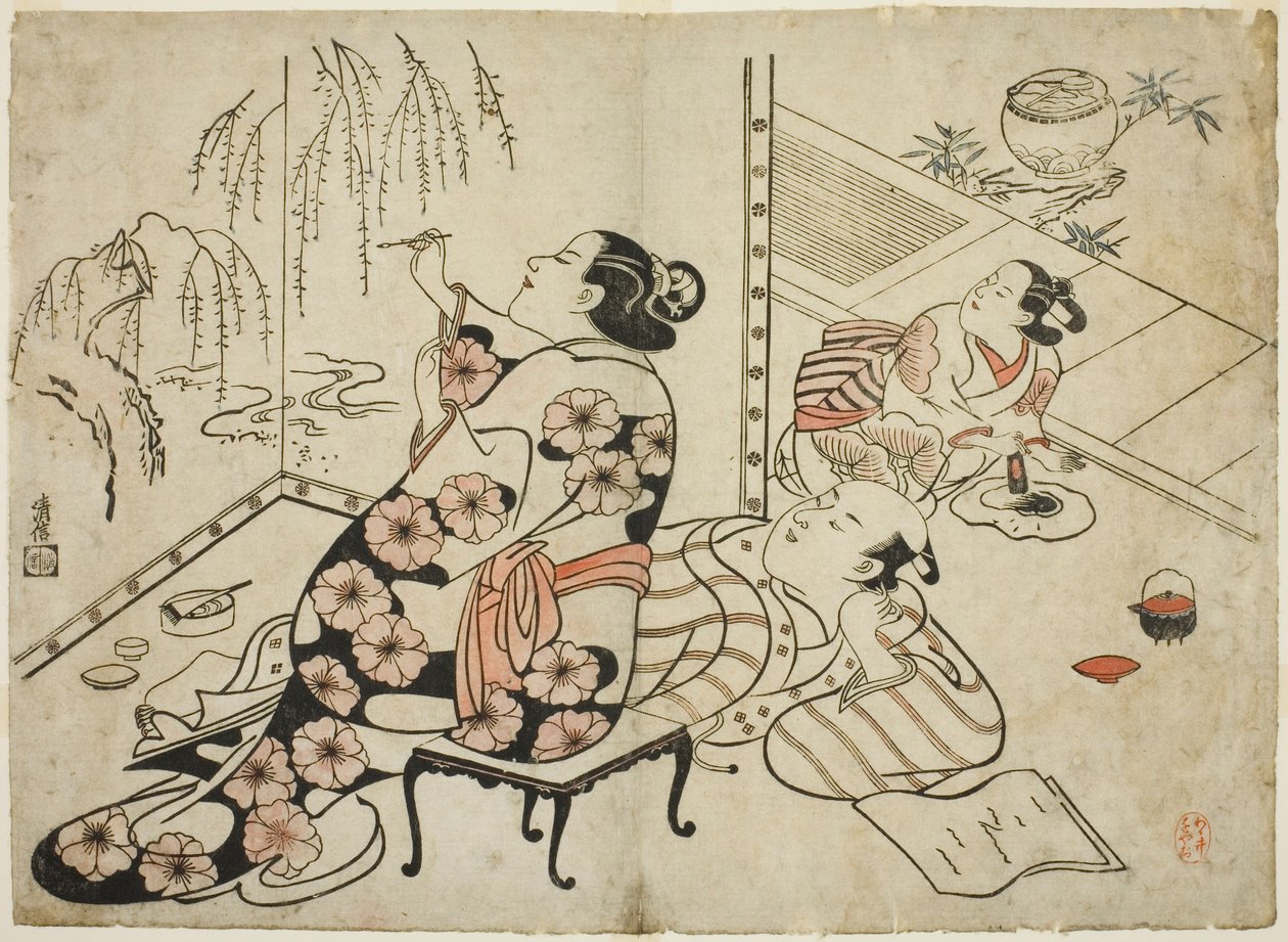 Kurtisane malt einen Schirm, aus einer Serie von 12 erotischen Drucken von Torii Kiyonobu I