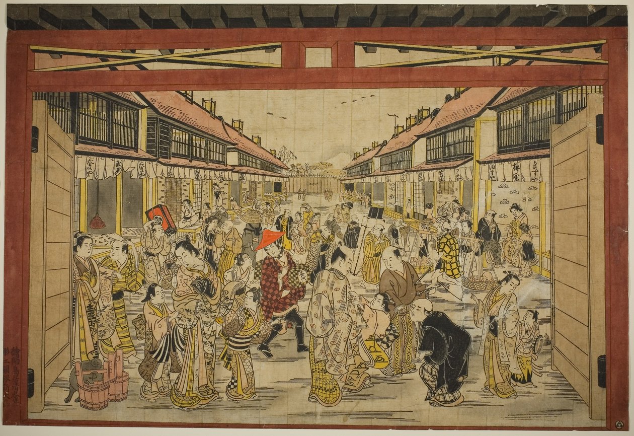 Das Haupttor, Neu Yoshiwara, ca. 1745 (handkolorierter Holzschnitt; toku-oban yoko-e, beni-e) von Torii Kiyotada