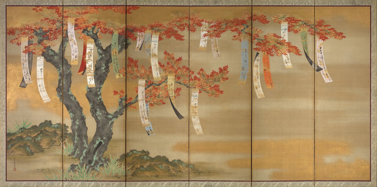 Blühende Kirsche und Herbstahorne mit Gedichtzetteln, 1654-81 von Tosa Mitsuoki