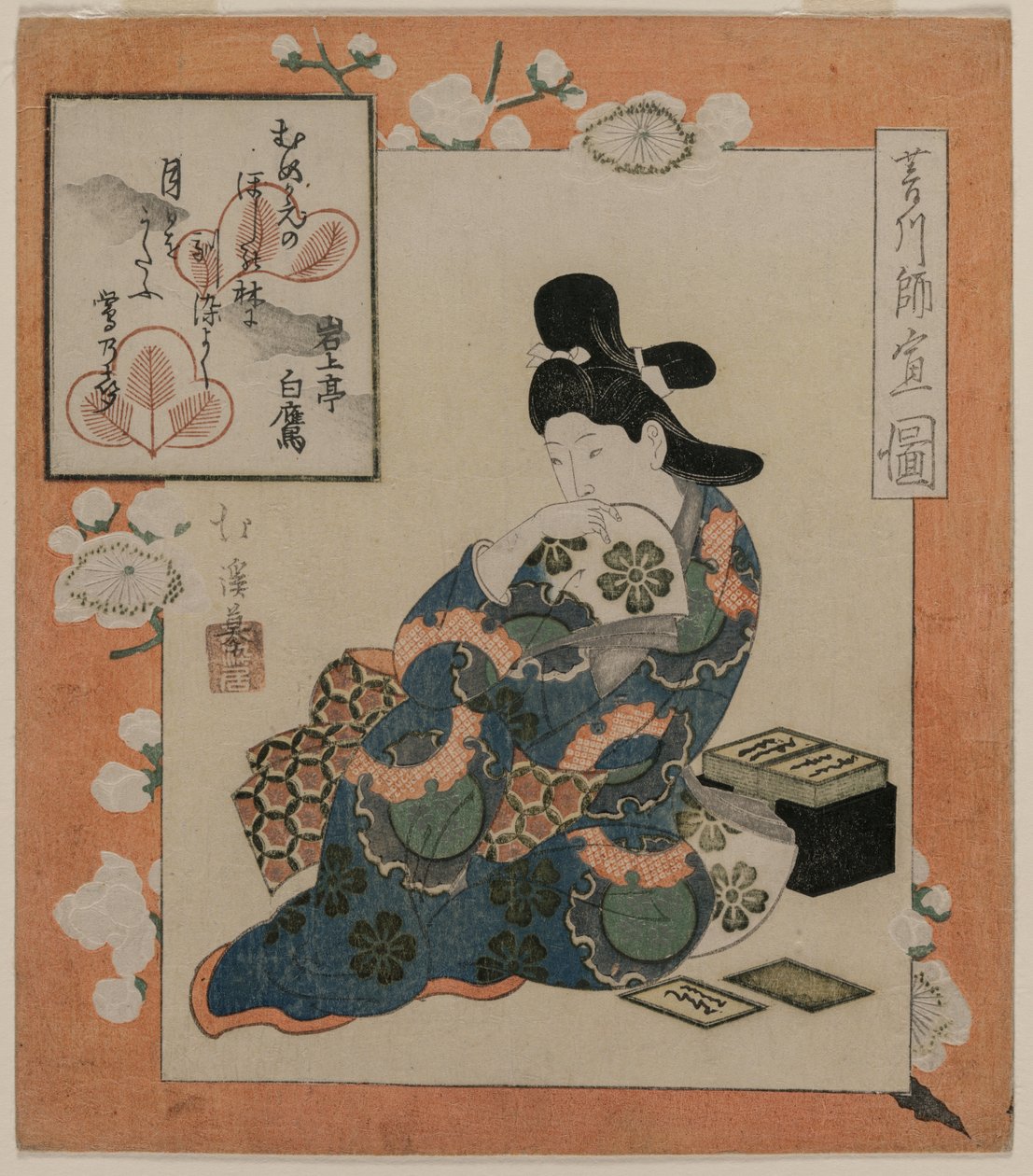 Ein Bild von Hishikawa Moronobu: Frau mit einem Satz Gedichtkarten von Totoya Hokkei