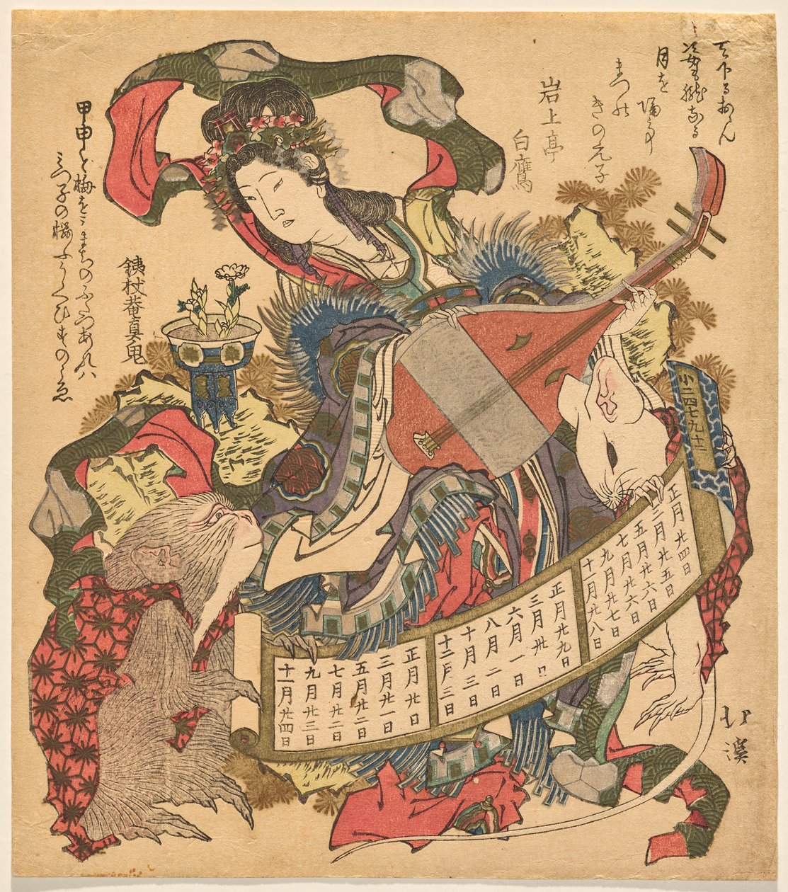 Benzaiten spielt Biwa mit Affe und weißer Ratte von Totoya Hokkei