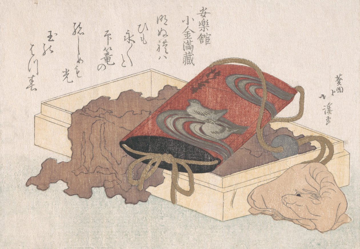 Lack-Inro mit Wasservögeln und Ox-förmigem Netsuke in einer Box aus dem Frühlingsregen..., wahrscheinlich 1817 von Totoya Hokkei