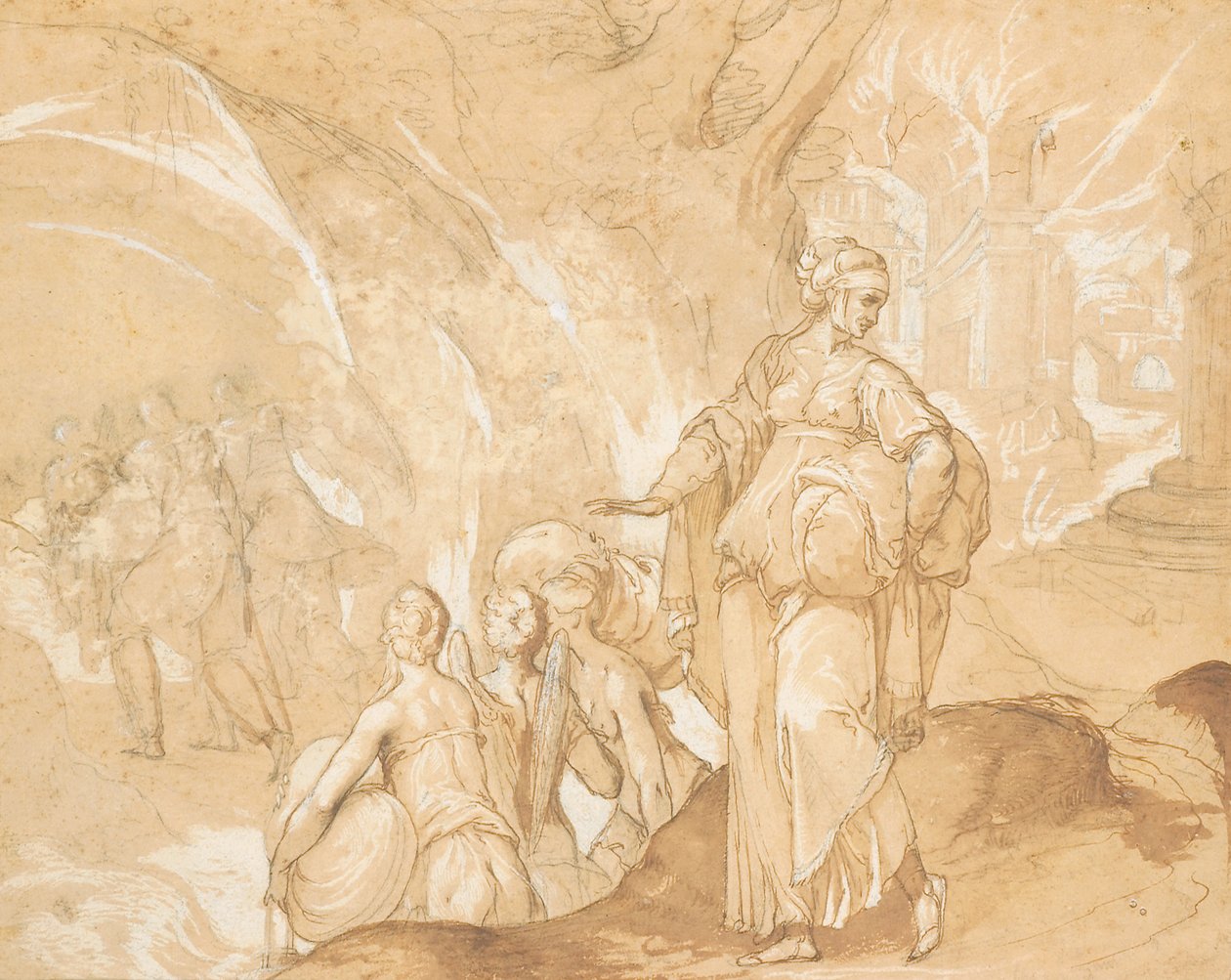 Lots Frau blickt zurück auf die Zerstörung von Sodom und Gomorra von Toussaint Dubreuil