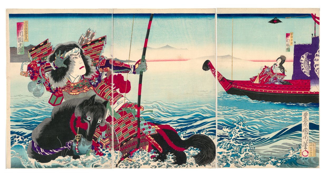 Schauspieler Ichikawa Danjuro IX als Nasu no Yoichi Munetaka und Nakamura Fukusuke IV als Tamamushi Gozen von Toyohara Kunichika