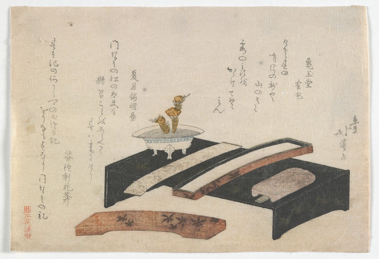 Surimono, das einen Schreibtisch darstellt, Edo-Periode, ca. 1800-10