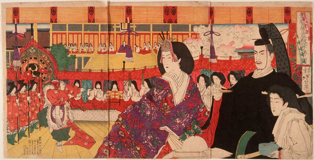 Eine Bugaku-Aufführung im Kaiserpalast während des Puppenfestivals von Tsukioka Yoshitoshi
