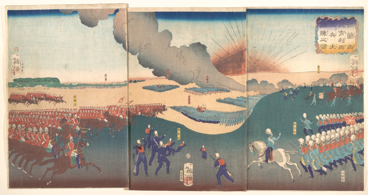 Manöver von drei Kategorien französischer und englischer Soldaten (Furansu Igirisu sanhei ōchōren no zu) von Tsukioka Yoshitoshi