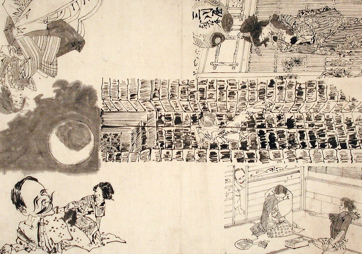 Vorbereitende Zeichnung für Illustrationen von Melodramen und Parodie von Tsukioka Yoshitoshi