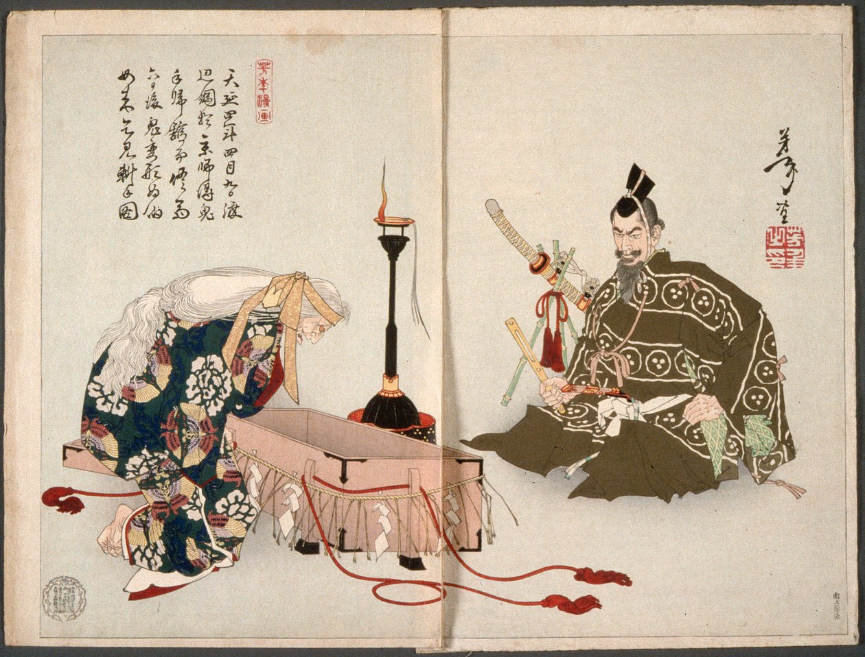 Der Dämon von Rashōmon besucht Watanabe no Tsuna verkleidet als alte Frau, um ihren abgetrennten Arm zurückzuholen von Tsukioka Yoshitoshi