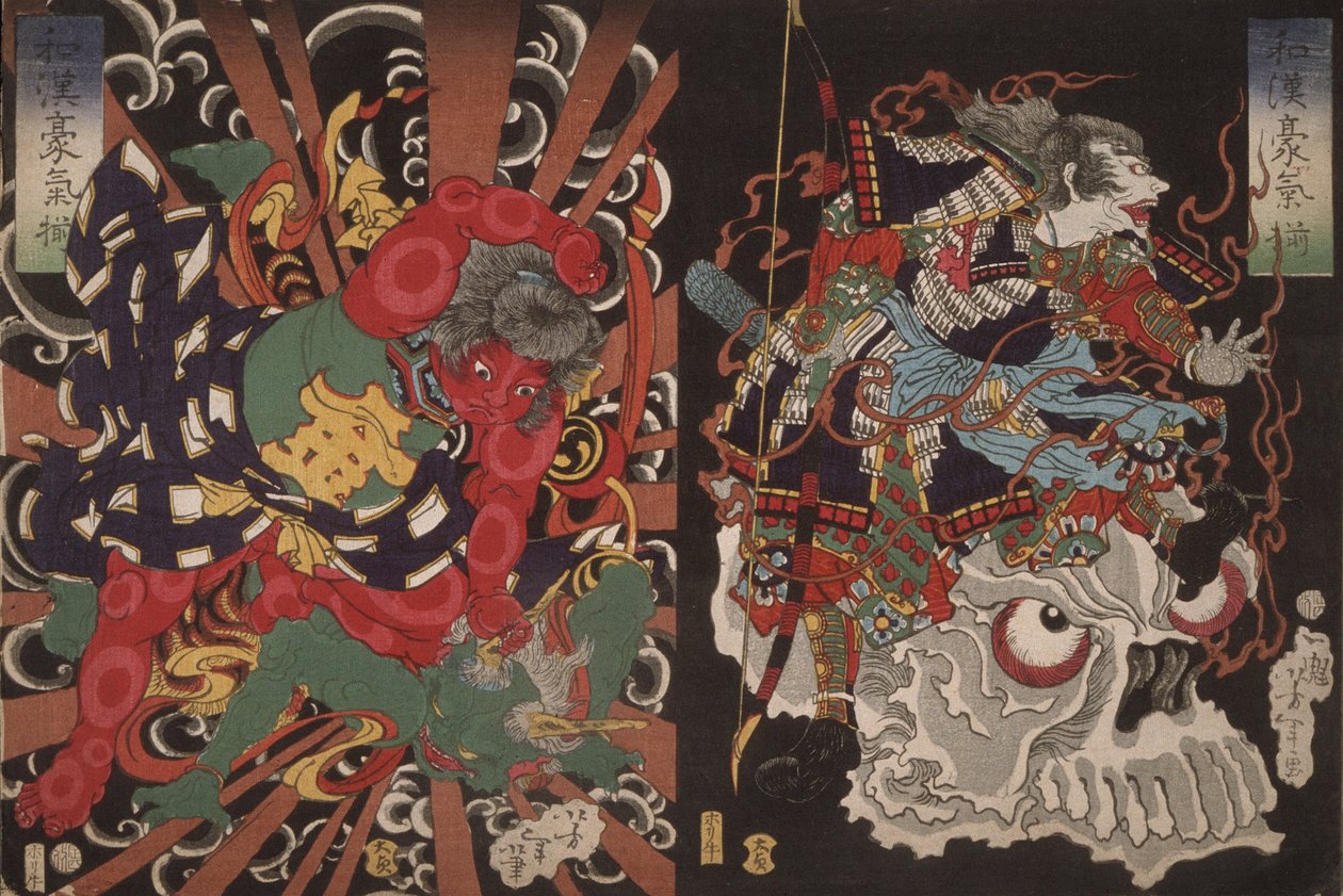 Krieger auf Schädel und Kintoki überwältigt einen Dämon, aus der Serie Tapferkeit in China und Japan von Tsukioka Yoshitoshi
