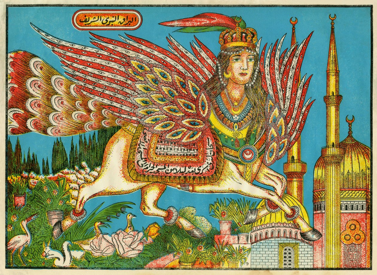 Al-Bourak (Al Bourak) (Buraq, Bouraq, Burak), Pferd mit Frauenkopf und Pfauenschwanz, auf dem Muhammad, geführt vom Erzengel Gabriel, nachts von Mekka nach Al-Aksa reiste von Tunisian School