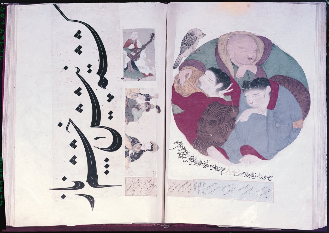 Album 2160 Menschen schlafen und Kalligraphie, aus einem Album von Miniaturen, 13.-15. Jahrhundert von Turkish School