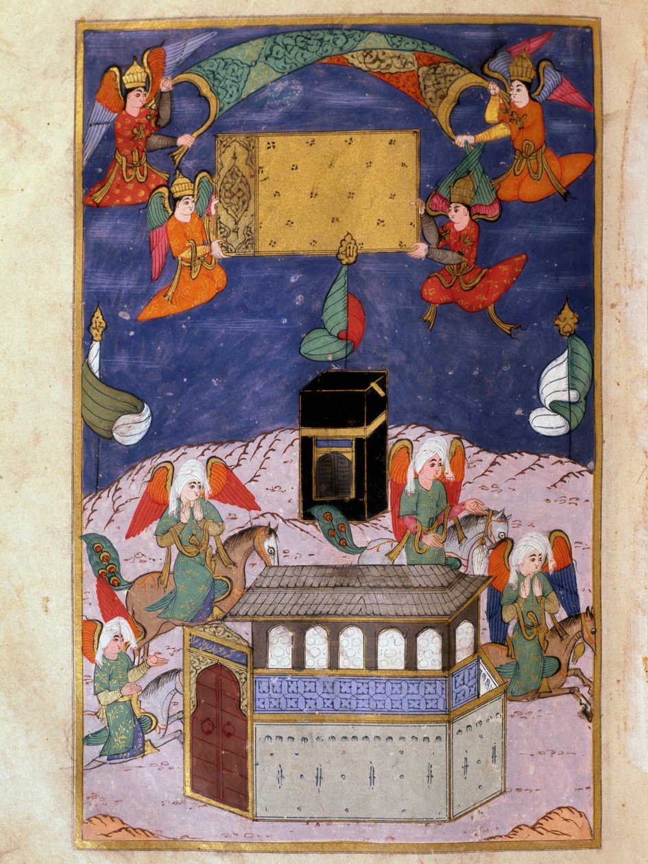 Engel schmücken die Kaaba in Mekka. Türkische Miniatur von Suth Abdullah, Maler am Hof von Murad III. von Turkish School
