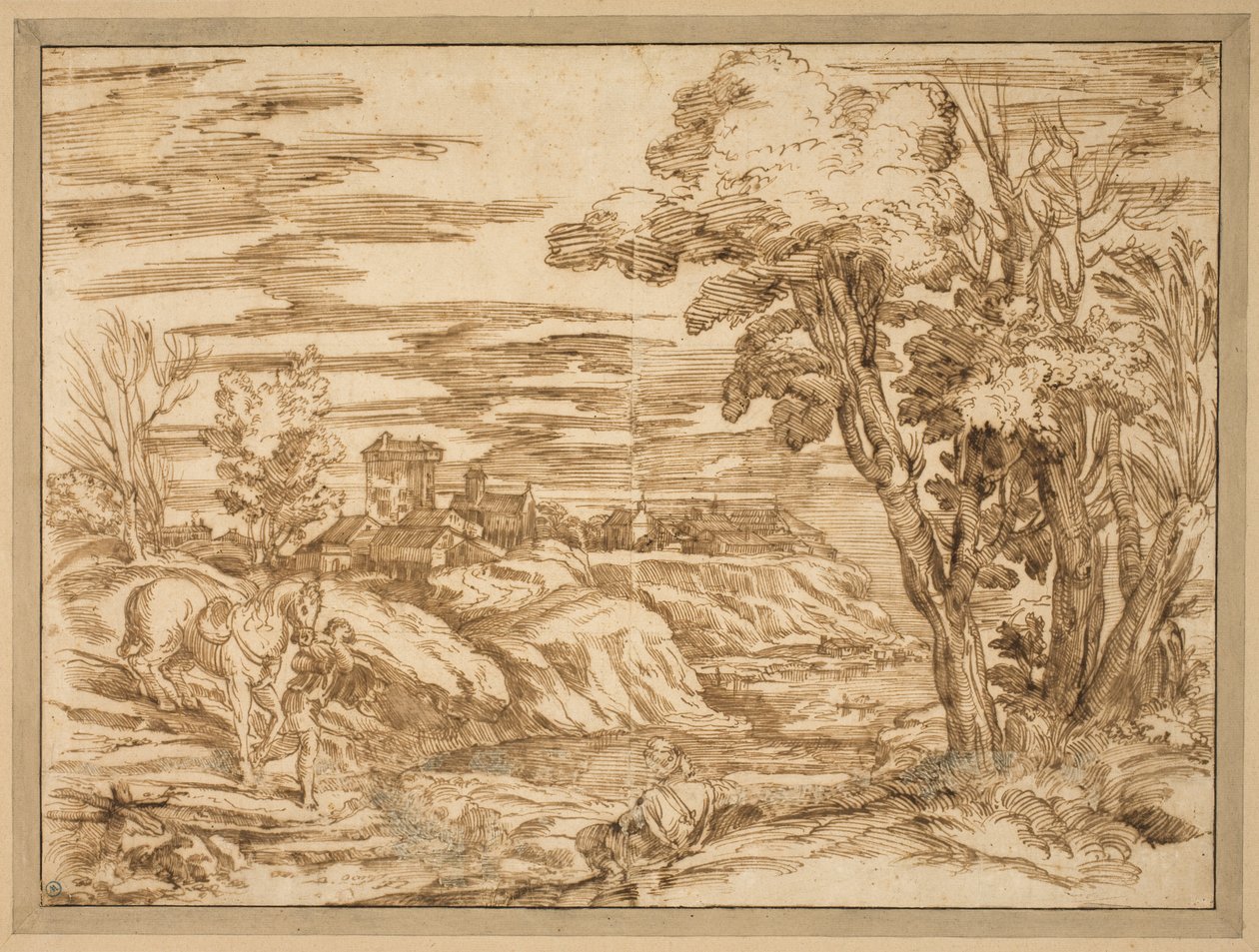 Flusslandschaft mit einem sitzenden Mann mit Turban und einem Jungen, der im Vordergrund ein Pferd führt, nach der Radierung B.8, Titian zugeschrieben von Ubekendt Ubekendt