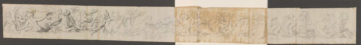 Seepferdchen, Tritonen und Putti reiten auf Delfinen von Ubekendt Ubekendt