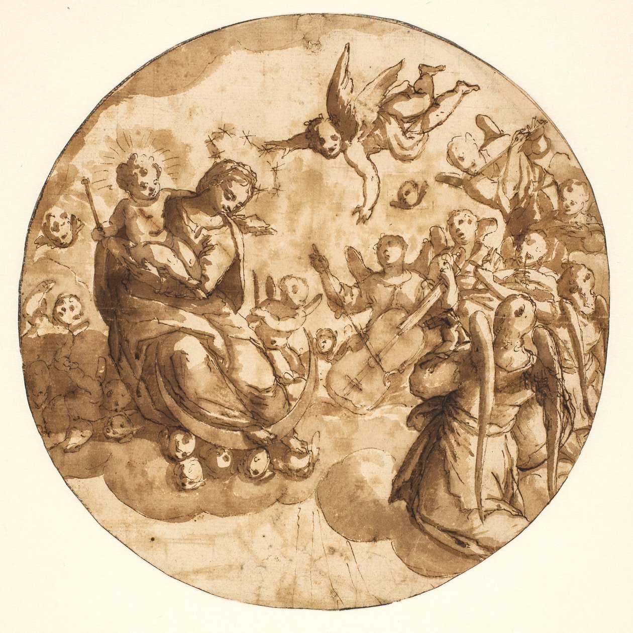 Tondo mit der Madonna und dem Kind auf einer Wolke, umgeben von musizierenden Engeln von Ubekendt Ubekendt
