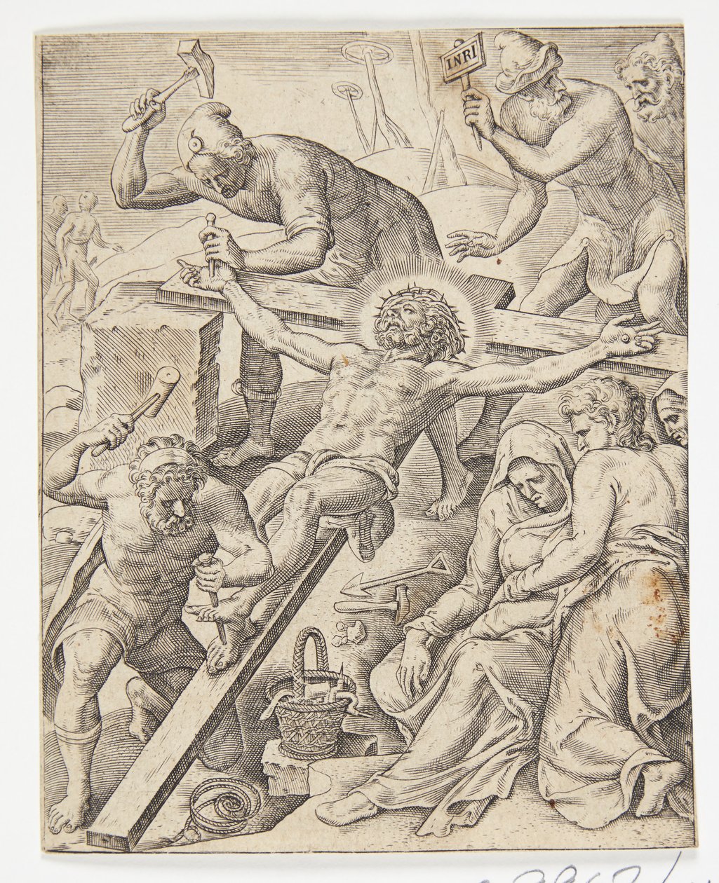 Christus ans Kreuz genagelt von Ubekendt efter Dirck Volckertsz. Coornhert efter Maarten van Heemskerck