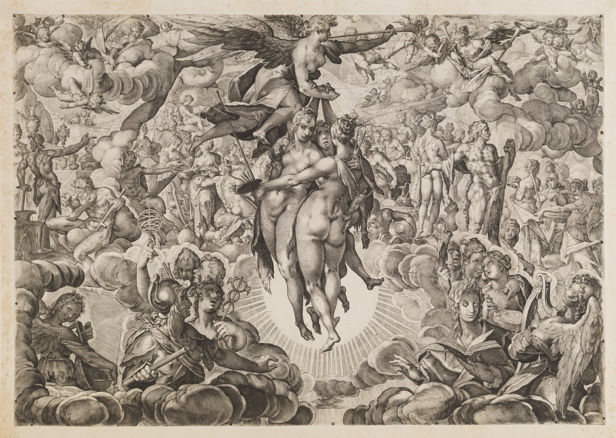 Malerei, Skulptur und Architektur, von den Türken verbannt, nach Olympus zurückgezogen von Ubekendt efter Jan Muller; H. Goltzius; Ae. Sadeler og Lucas Kilian efter Bartholomeus Spranger