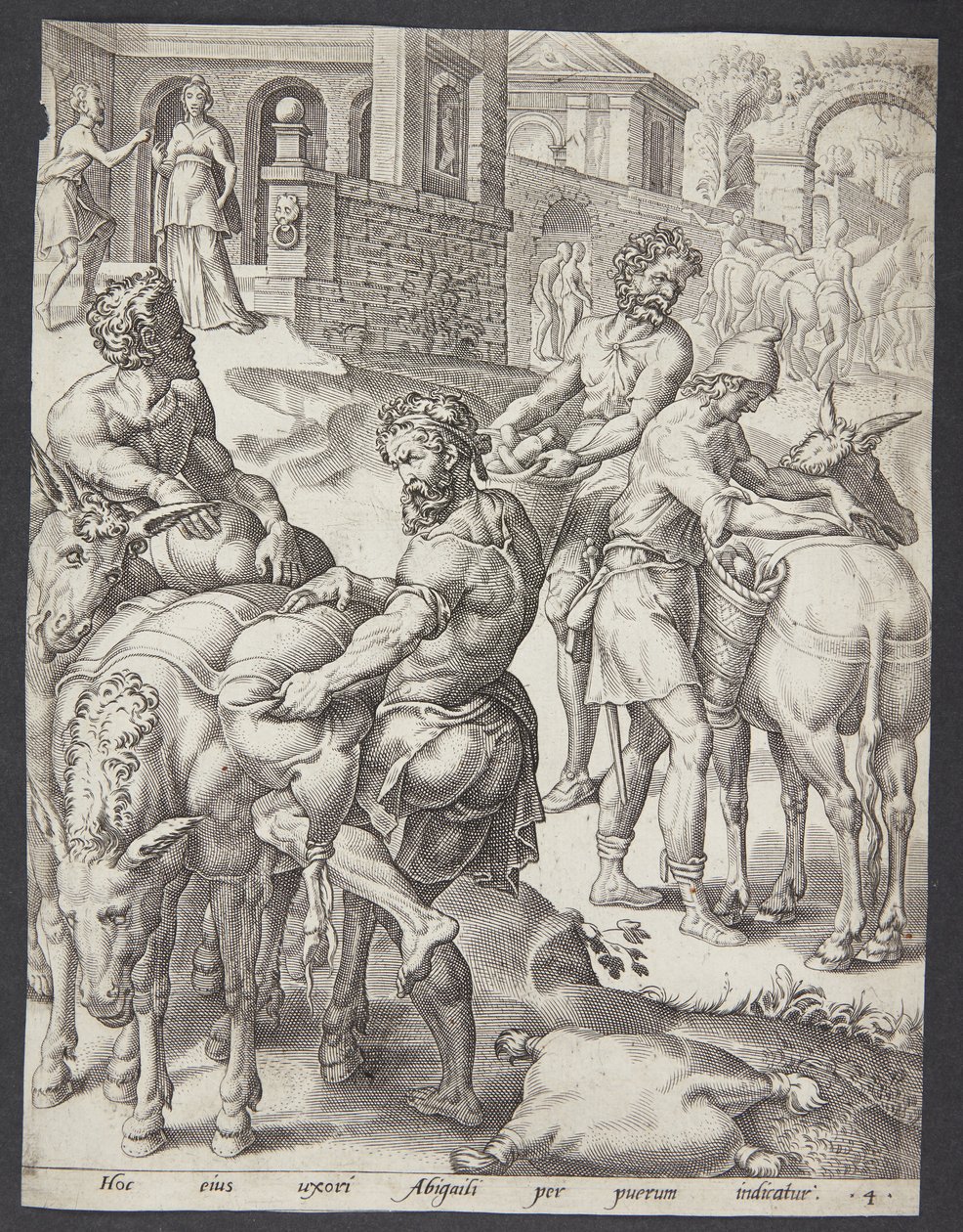 Die Diener von Abigail beladen die Esel mit Nahrung für David von Ubekendt efter Maarten van Heemskerck