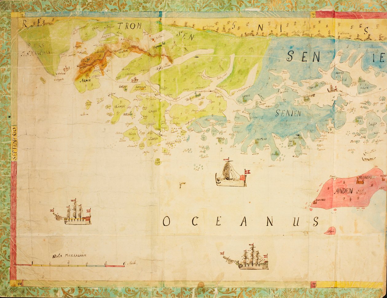 Karte aus der Kartensammlung der Nationalbibliothek. Die Karte wurde handgezeichnet und zeigt Trøndelag, Nordland, Troms, Küste, Seekarte von Ukjent tegner
