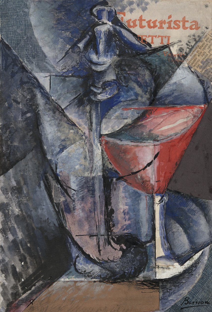 Stillleben: Glas und Siphon, ca. 1914 (Collage, Gouache, Feder und Tinte) von Umberto Boccioni