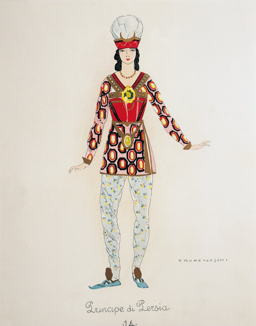 Kostüm für den Prinzen von Persien aus Turandot von Giacomo Puccini, Skizze von Umberto Brunelleschi für die erste Aufführung der Oper im Teatro alla Scala in Mailand, 25. April von Umberto Brunelleschi