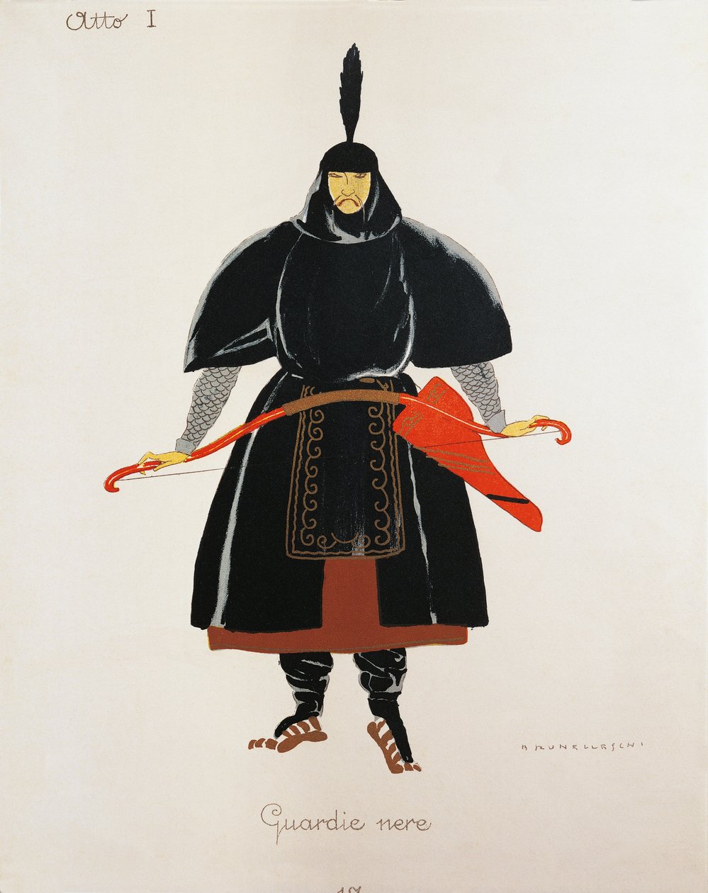 Kostüm für die schwarzen Wachen aus Turandot von Giacomo Puccini, Skizze von Umberto Brunelleschi für die erste Aufführung der Oper im Teatro alla Scala in Mailand, 25. April von Umberto Brunelleschi