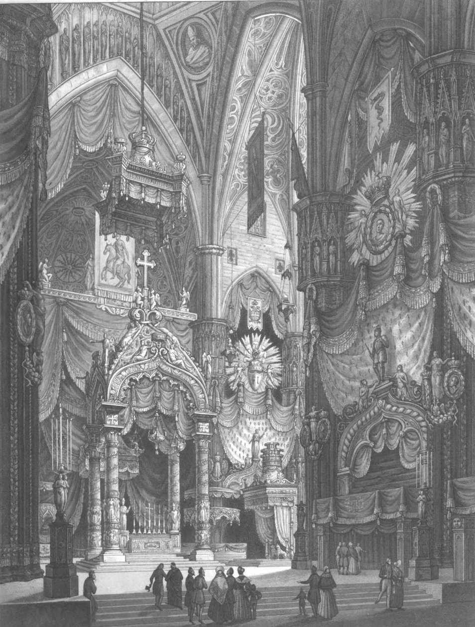 Dekorationen im Inneren des Mailänder Doms bei der Krönung von Ferdinand I. zum König von Lombardei-Venetien von Unbekannt Unbekannt