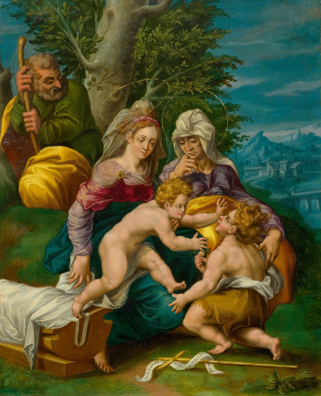 Heilige Familie mit Elisabeth und dem jungen Johannes dem Täufer in einer Landschaft von Unbekannt Unbekannt