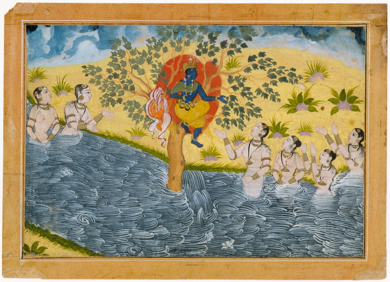 Die Gopis bitten Krishna, ihre Kleidung zurückzugeben. Folio aus einer Bhagavata Purana (Alte Geschichten von Lord Vishnu) Serie. von Unbekannt Unbekannt