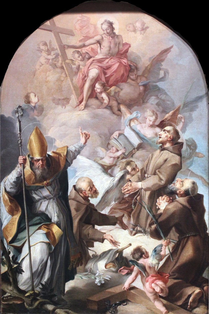 Drei Kapuzinerheilige und ein Bischof beten Christus und das Kreuz an von Unbekannt Unbekannt