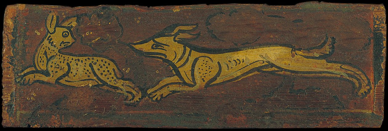 Deckenpanel mit einem Hund, der einen Hasen verfolgt von Unbekannt Unbekannt