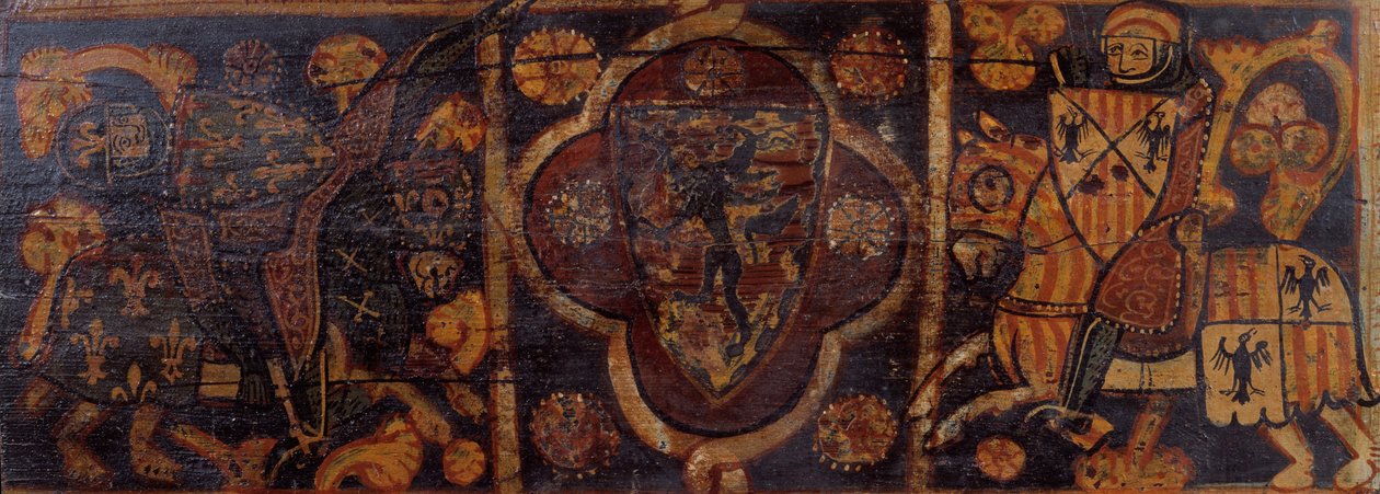 Deckenpaneel mit einem Ritter des Hauses Anjou, der von einem Ritter mit dem Wappen von C... niedergeschlagen wird von Unbekannt Unbekannt