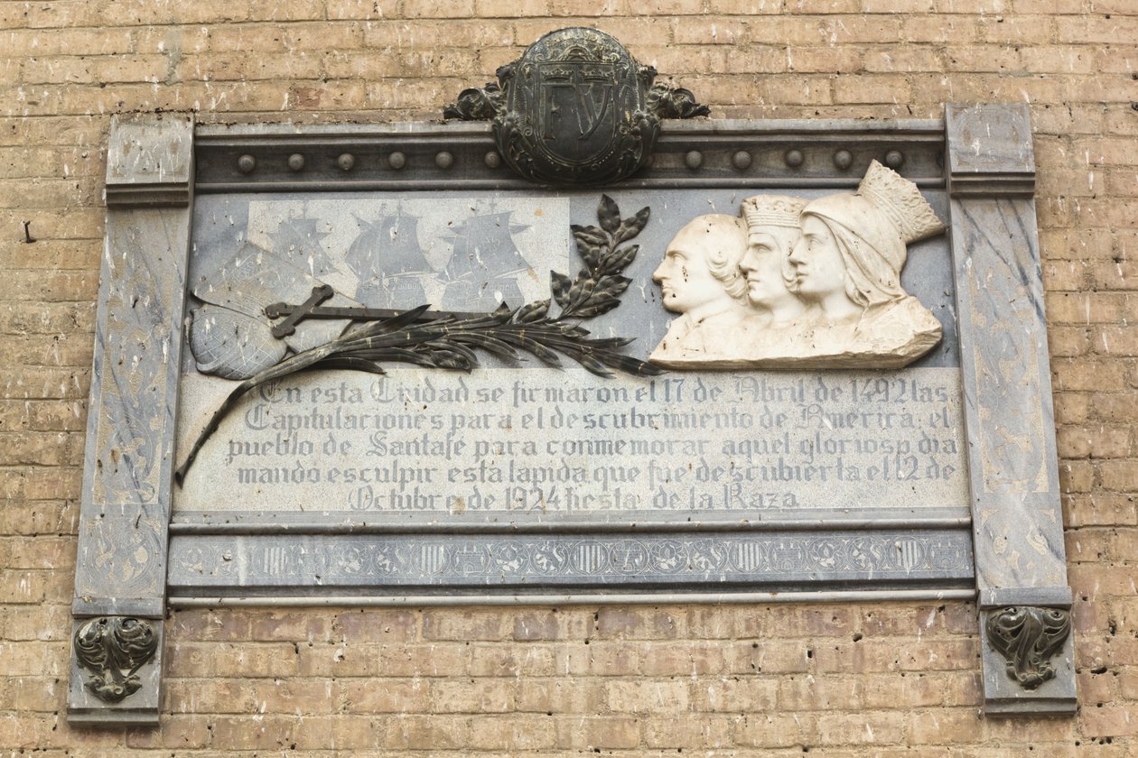 Gedenktafel zur Unterzeichnung eines Vertrags zwischen den katholischen Königen und Christoph Kolumbus am 17. April 1492, der zur europäischen Entdeckung der Neuen Welt führte von Unbekannt Unbekannt