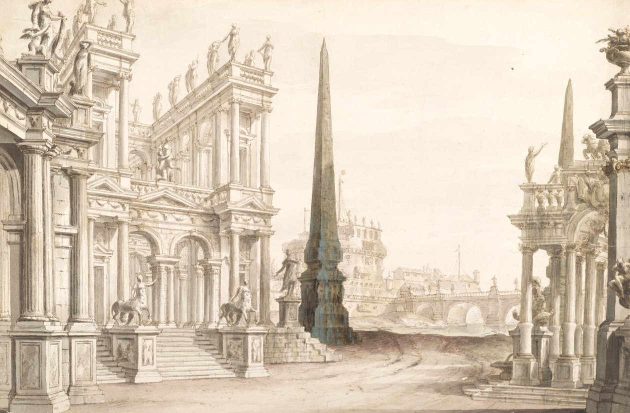Bühnenbild zeigt Fantasie von Rom mit dem Castel Sant Angelo, der Ponte Elio und den Zentauren Ari... von Unbekannt Unbekannt