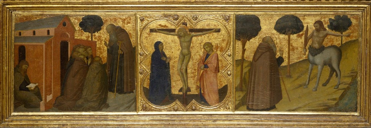 Unbekannter Italiener - Der heilige Antonius Abt predigt; Christus am Kreuz mit der Jungfrau und dem heiligen Johannes; der heilige Antonius Abt... von Unbekannt Unbekannt