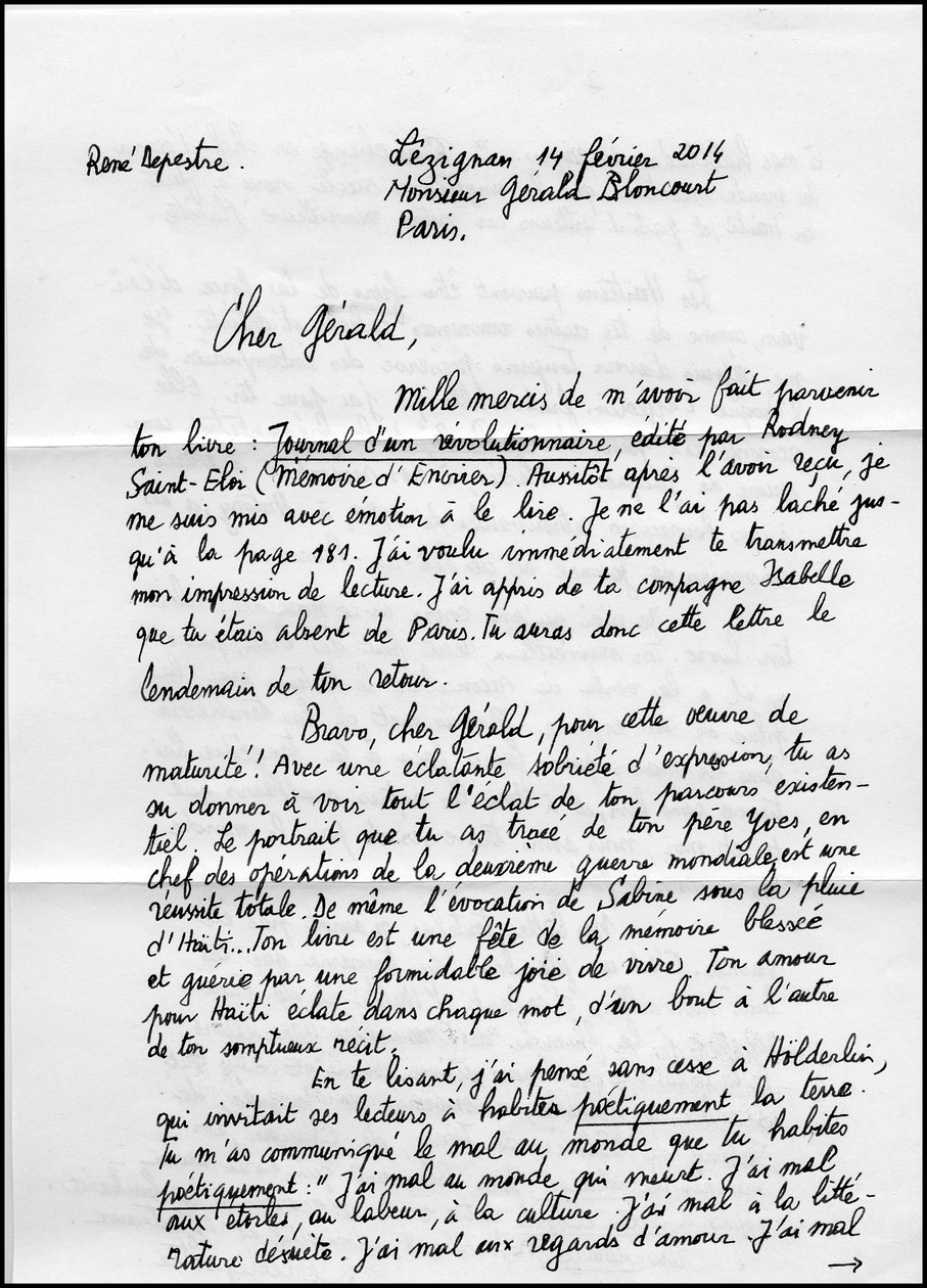 Briefe von René Depestre, Seite 1 über sein Buch „Journal d