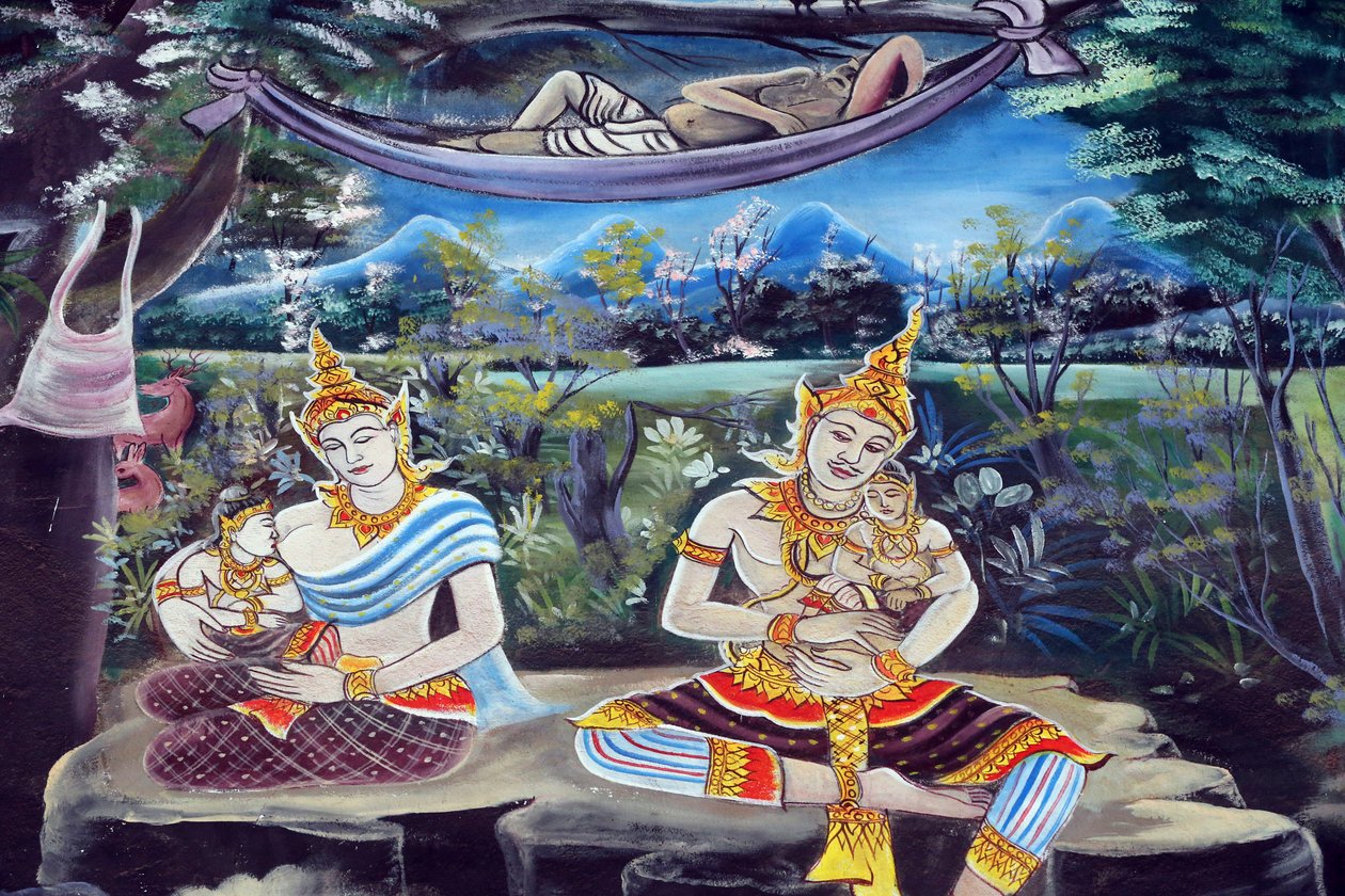 20151029, Vientiane, Laos: Wat Inpeng buddhistischer Tempel. Malerei, die die Lebensgeschichte von Shakyamuni Buddha darstellt von Unbekannt