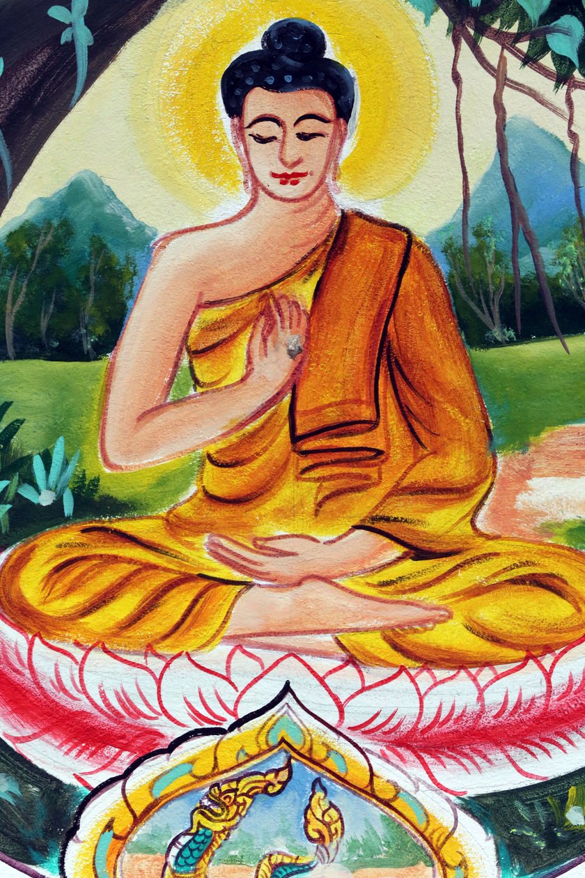 20151029, Vientiane, Laos: Wat Inpeng buddhistischer Tempel. Malerei, die die Lebensgeschichte von Shakyamuni Buddha darstellt. Der lehrende Buddha zeigt einen besonderen Moment im Leben des Buddha, nämlich die erste Predigt, die der Buddha nach der Erleuc von Unbekannt