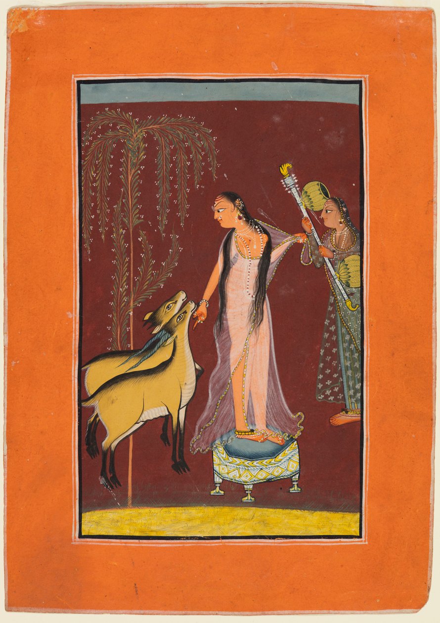Eine Dame mit Begleiter und einem Paar Hirsche, wahrscheinlich Gujari Ragini von Dipak, aus einem Pahari Ragamala von Unbekannt