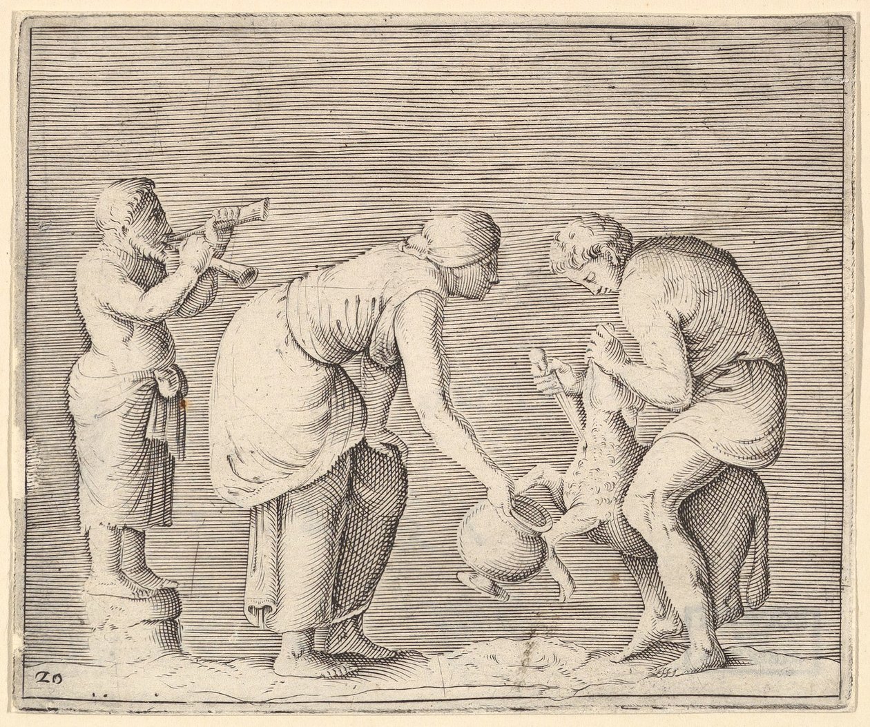 Eine Frau sammelt Blut von einem Schaf, veröffentlicht ca. 1599-1622 von Unbekannt