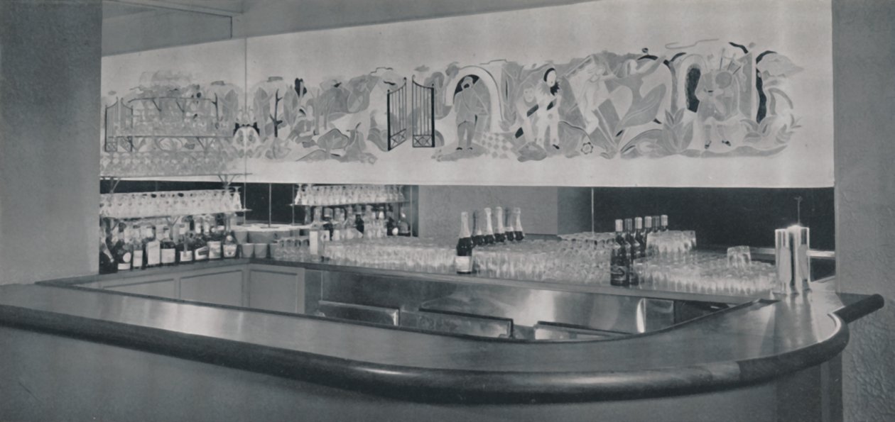 Eine Cocktailbar-Wandmalerei in geschnitztem und emailliertem Linoleum im Berkeley Hotel, Montreal, 1942 von Unbekannt